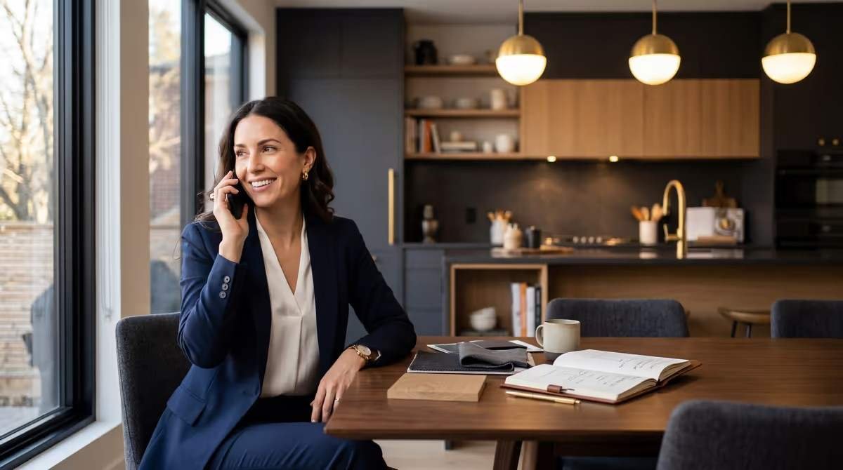 Conseillère au téléphone dans une cuisine