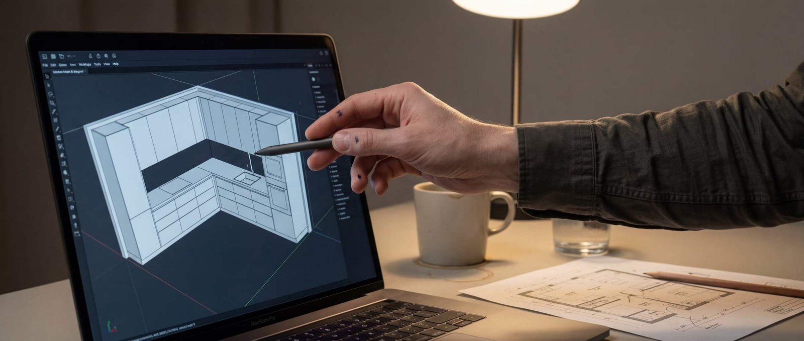 Plan de cuisine en L dessiné sur mesure en 3D