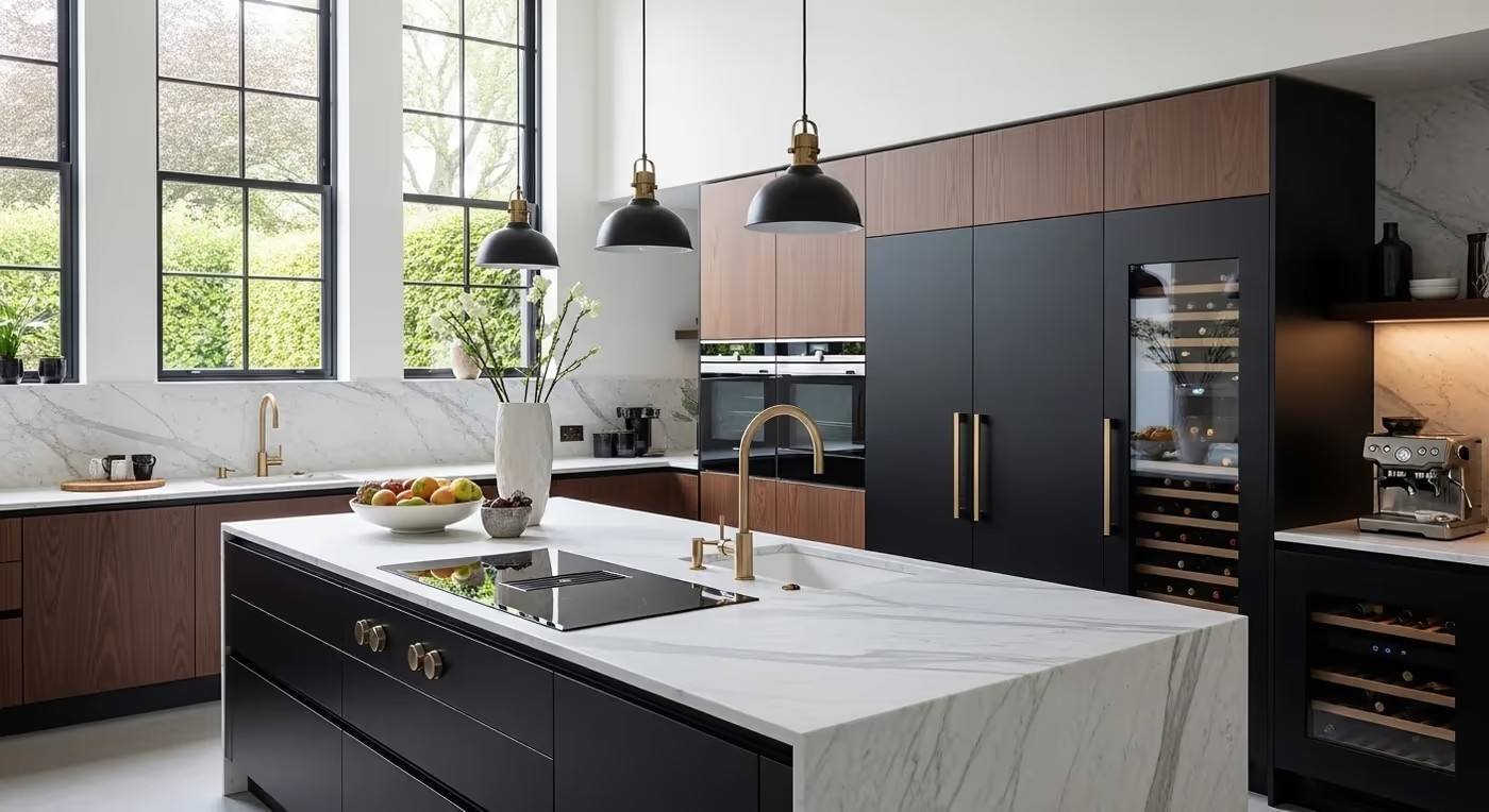 Graphite & bois — Contraste profond, rangements intégrés