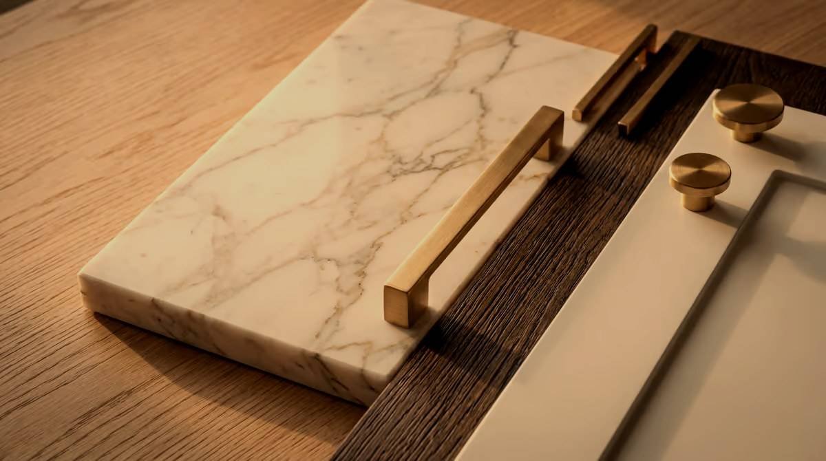 Échantillons de plan de travail effet marbre, façade bois et poignées laiton — lumière du soir (simulation)